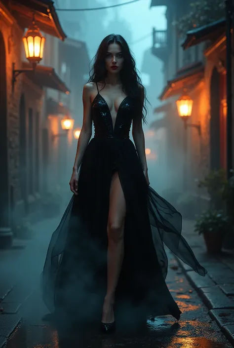 a picture of mist covered female vampire, you see only glimpses of her body pair of ((glowing eyes: 1.3)) through the mist, high heels, black high heels, glamour dress, dynamic color dress, fantasy dark alley background, torchlight, (best details, Masterpi...