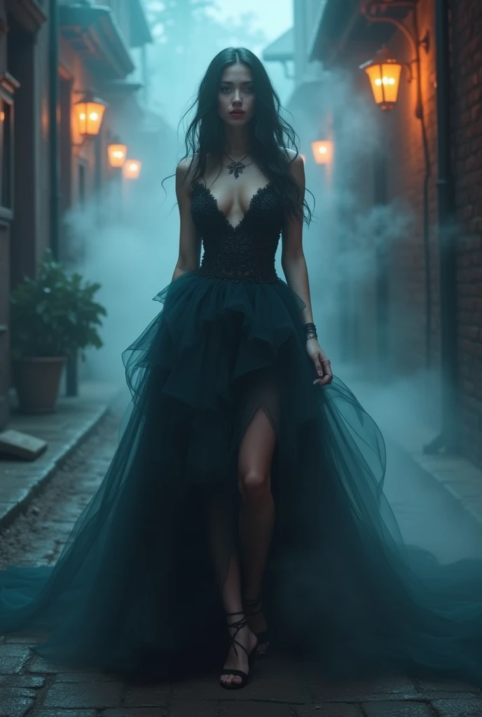 a picture of mist covered female vampire, you see only glimpses of her body pair of ((glowing eyes: 1.3)) through the mist, high heels, black high heels, glamour dress, dynamic color dress, fantasy dark alley background, torchlight, (best details, Masterpi...