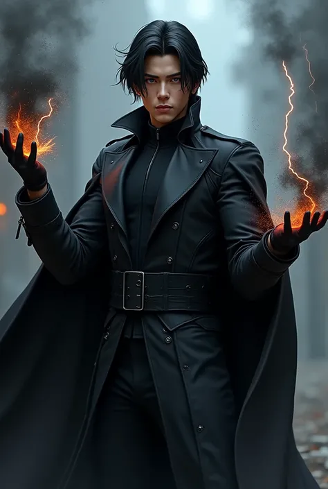 A young man wearing a black military suit, with a serious look, let black fire come out of his left hand and black lightning from his right hand. Let her hair fall slightly on her forehead in black color. Have a black cloak.Let the guy have a beautiful fac...