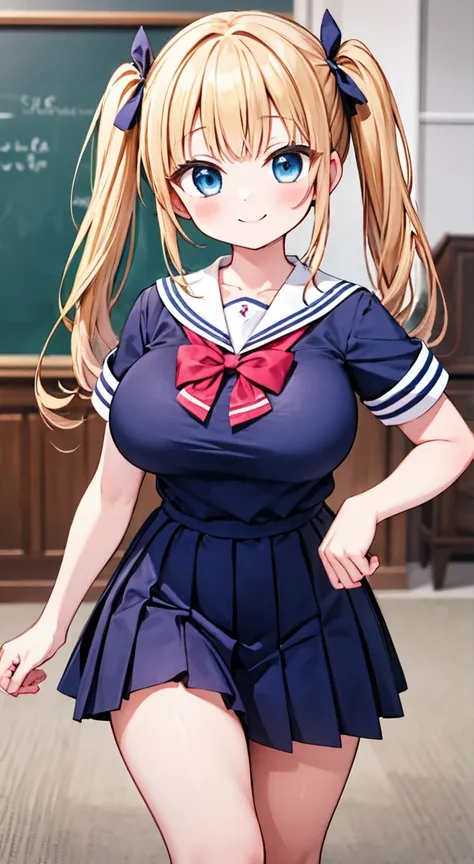 highest quality,masterpiece,one person,blonde,twin tails,schoolgirl uniform,short sleeve,large breasts,smile,