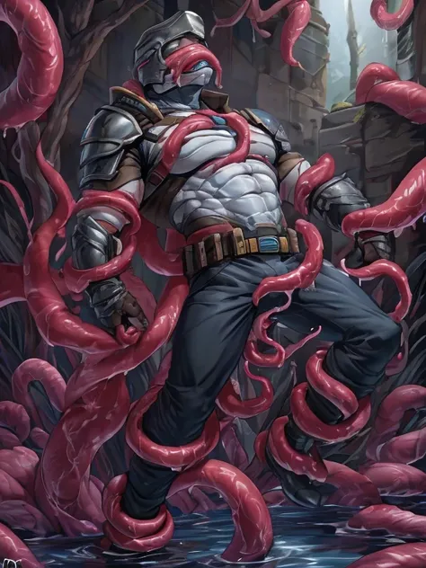 Superhero, hero, strong and robust male, Armor, Tentacle entanglement, uniform, Binding hands togethe, Foreign object invasion, monster breeding, wet, slime, tentacles, slimy tentacles, monster and human breeding, Tentacles wrapped around the body, Insert ...