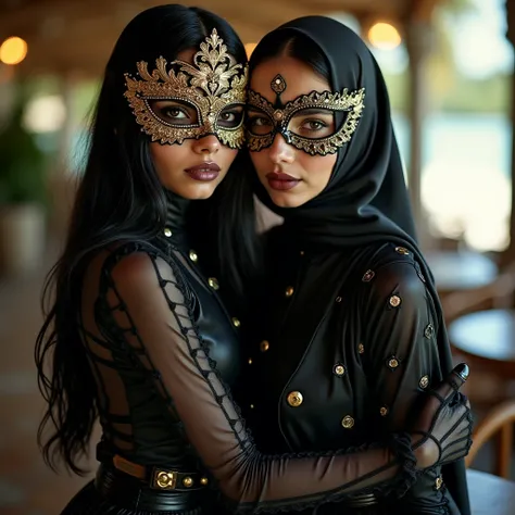 A young glossy-woman with intense-black skin , wearing a colorful, glitter-lacquered-ornate mask with floral decorations . She has long, dark hair and is wearing a slick-black and gold patterned slick-lacquered-satin-suit . The background is blurred, sugge...