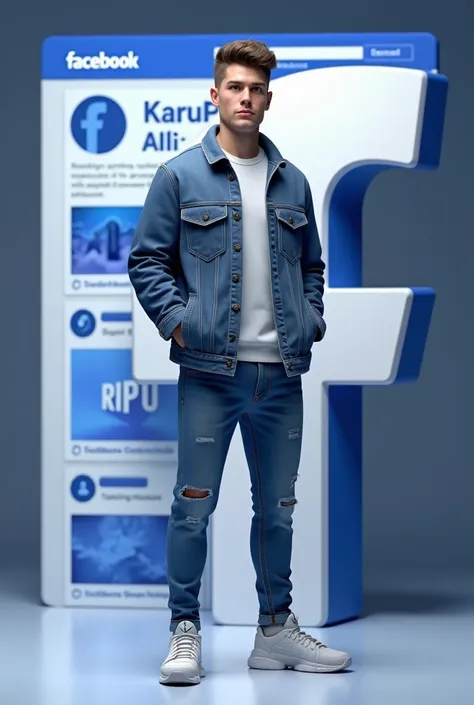 Create a 3D illustration of realistic character a man standing casually infront of a social media logo " Facebook social media". The character must wear casual modern clothing such as jeans jacket and sneakers shoes. The background of the image is a social...