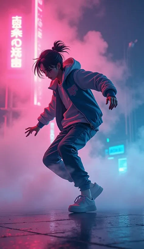 Todays challenge theme：Dynamic Anime Breakdance with Mysterious Colorful Fog background