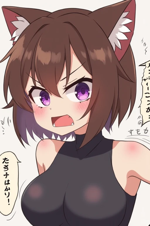 Brown hair, short hair, big breasts, earrings, cat ears, open mouth, violet eyes, saliva, language, Fangs, angry, 