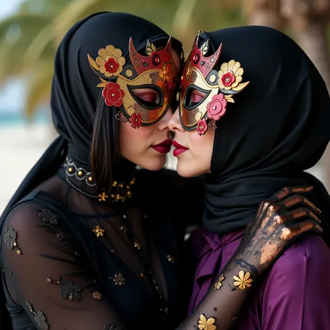 A young glossy-woman with intense-black skin , wearing a colorful, glitter-lacquered-ornate mask with floral decorations . She has long, dark hair and is wearing a slick-black and gold patterned slick-lacquered-satin-suit . The background is blurred, sugge...