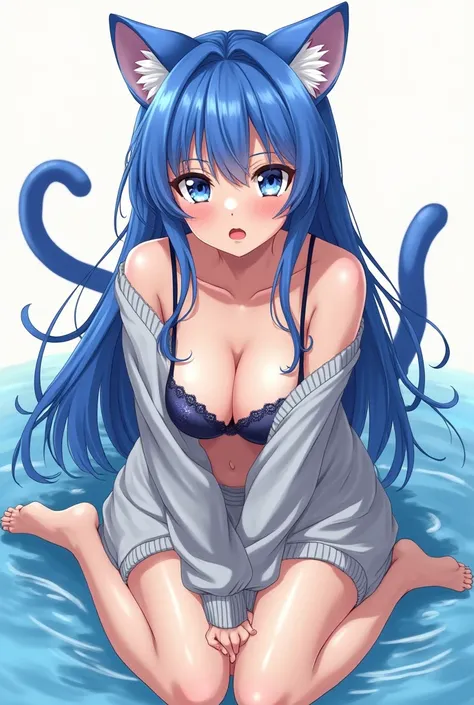 Adult anime cat girl with blue hair and blue cat ears. Her bra is out and her legs are open and spread out. She has big tits with her tits mostly out. Her sweater is almost completely off and she has a lustful expression. Her toungue is out and she is wet.