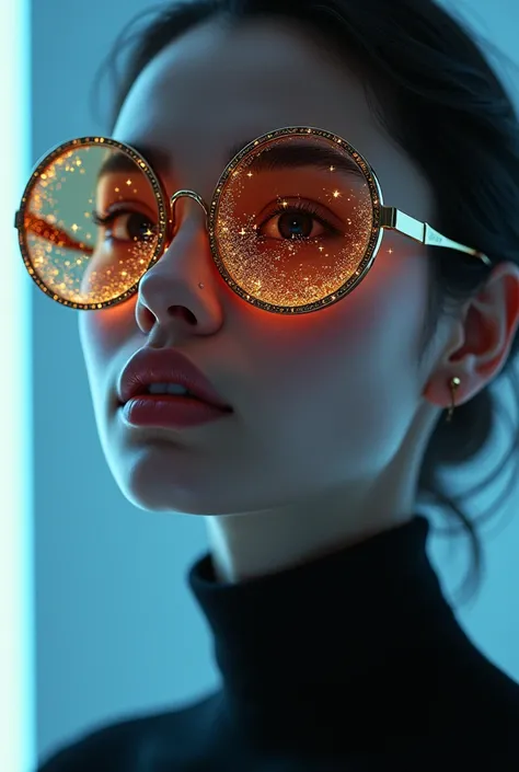 The model is wearing glass sunglasses with stars and the moon on the glass