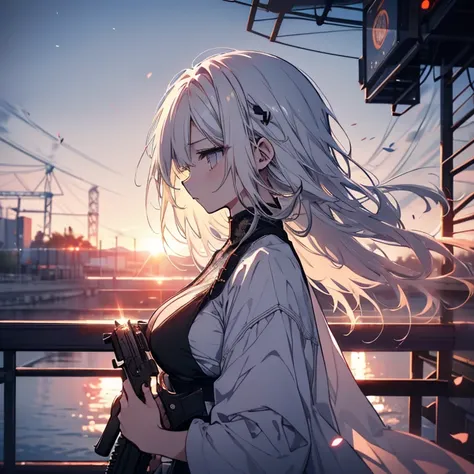 1 person、Mature、Ample breasts、Long Hair、White Hair、Look to the side、profile、Sad face、evening、Illuminated by the setting sun、Ferris wheel silhouette、Armament、Holding a gun、Immerse yourself in memories、sad、Lonely、High resolution、Highest quality