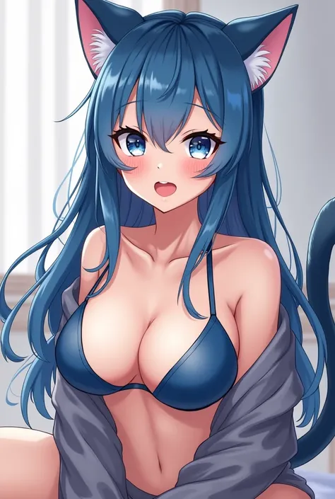 Adult anime cat girl with blue hair and blue cat ears. Her bra is out and her kegs are open and spread out. She has big tits with her  mostly out. Her sweater is almost completely off and she has a lustful expression. Her toungue is out and she is wet.