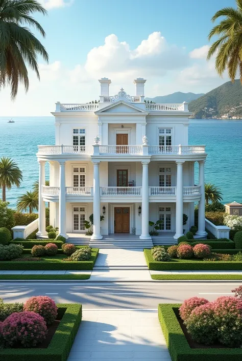 Generate a mansion located in seashore at little height.the mansion is white colour.it has a garden infront of mansion. I want front view