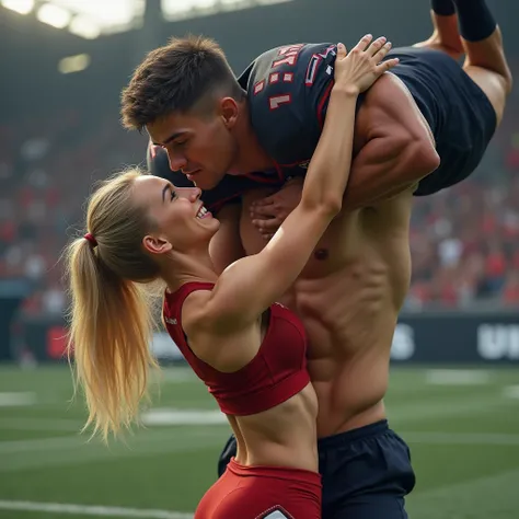 Blonde, Beautiful, and strong cheerleader lifting a large male football player in her strong arms. Photorealistic 