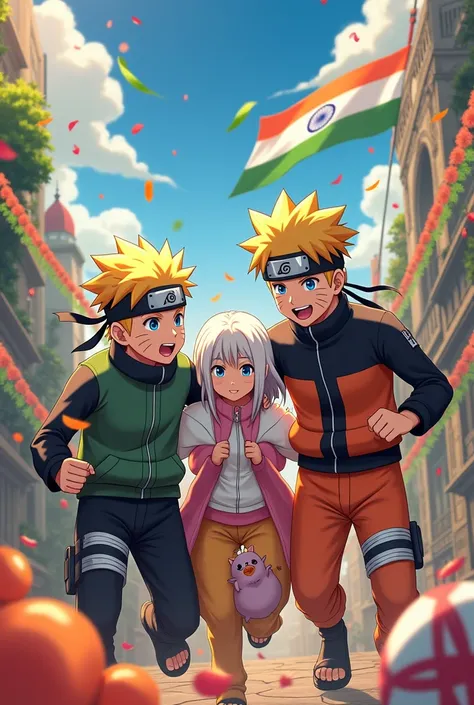 A anime world and anime characters Naruto, light yagami , zero two, they celebrate 15 August independence day from India k