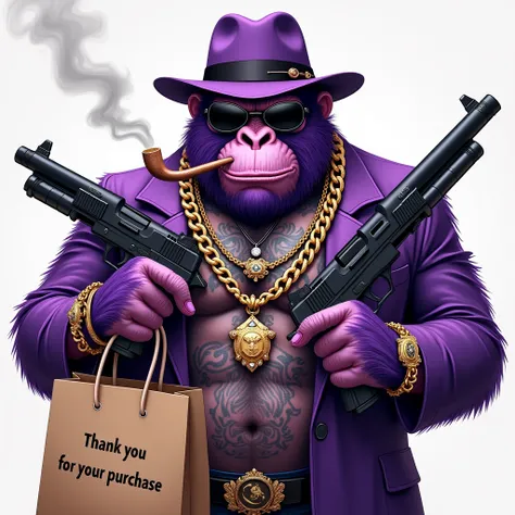 1 purple ape, With giant and high-caliber weapons, with gangster SUIT with chains, hat and glasses, tattooed, with huge diamond and gold rings, smoking with a pipe, with a shopping bag. A text that says "Thank you for your purchase"