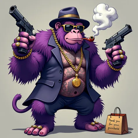 1 purple ape, With giant and high-caliber weapons, with gangster SUIT with chains, hat and glasses, tattooed, with huge diamond and gold rings, smoking with a pipe, with a shopping bag. A text that says "Thank you for your purchase"