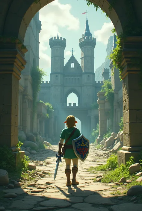 link from the legend of zelda bread of the wild entering the ruins of hyrule castle
