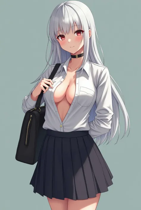 Blind white haired school girl, high, School uniform (bag, button-up shirt, Skirt) with her shirt completely unbuttoned with her big breasted bra exposed