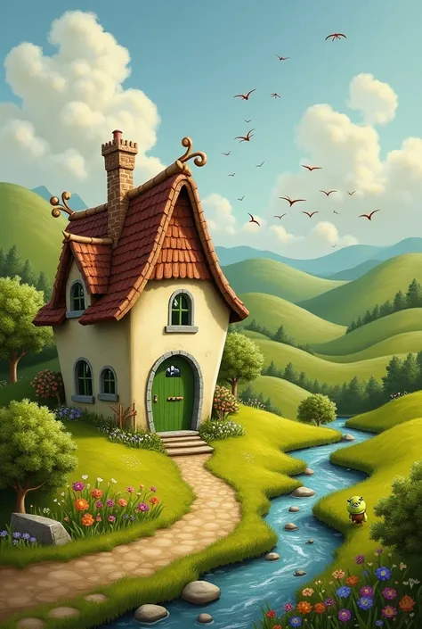 Landscape with the house from the Shrek movie painted by hand