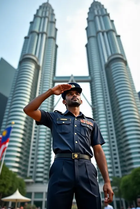 20 years old tamil man salute for the Malaysia flag in front of Twin Tower

