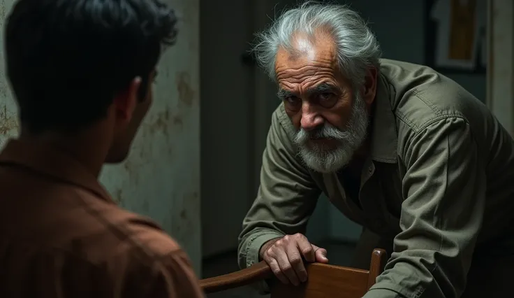 The old man slowly standing up from his chair, his eyes fixed on Vikram.