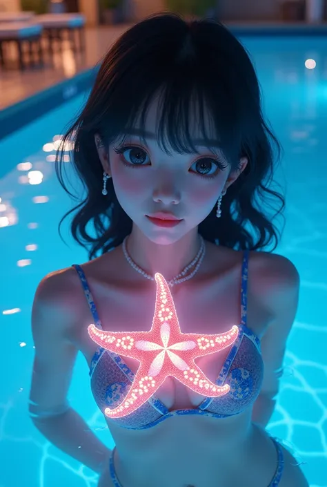 ultra HD,32k,close-up face,entangled by glowing huge star fish, night,pool,RAW photo,ultra realistic photo,beautiful Japanese idol,kawaii,vivid, grow, 16yo,big eyes,detailed skin,clavicle,wavy and medium hair,detailed bikini with geometrc print,floating in...