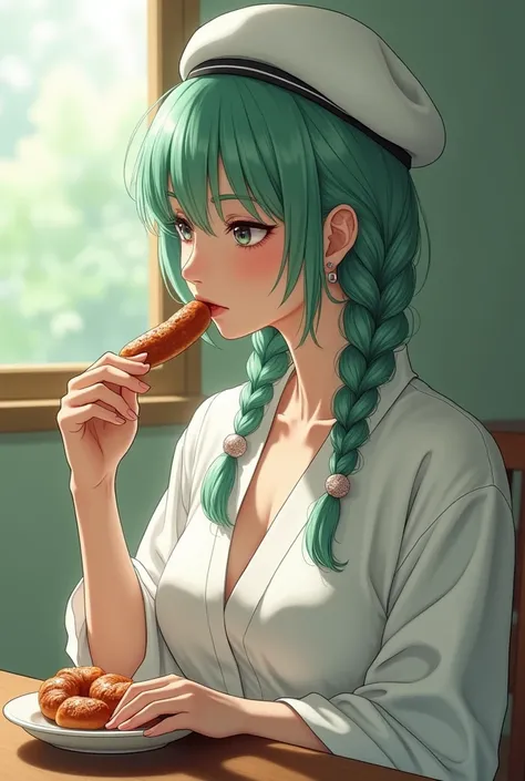 One person, (Sagging under the eyes:1.5), Mint green hair, twin_Braiding, White Beret, White shirt, The chest is large, valley, Im eating sausages, profile, Japanese women