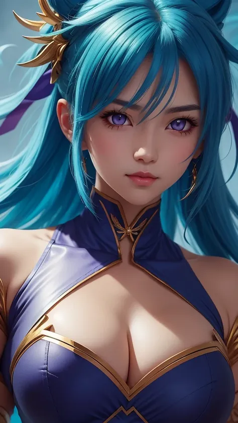 anime girl with blue hair and purple eyes posing for a picture, hestia, ayaka genshin impact, blue scales covering her chest, extremely detailed artgerm, portrait knights of zodiac girl, tsuaii, zerochan art, by Kamagurka, azure. detailed hair, artgerm on ...