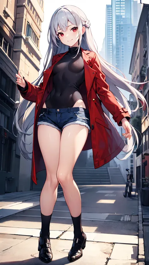 (masterpiece, top quality, best quality, official art:1.2), anime, 1 girl, full body, silver hair, red eyes, long hair, small breasts, long red jacket, black shirt, short jeans, black socks, black shoes, modern cityscape, smile, masterpiece, 8k, high quali...