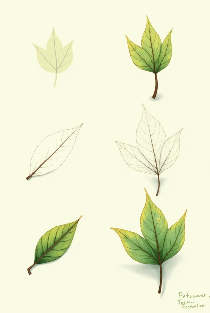 A drawing of a leaf with 4 stages from simple to well detailed