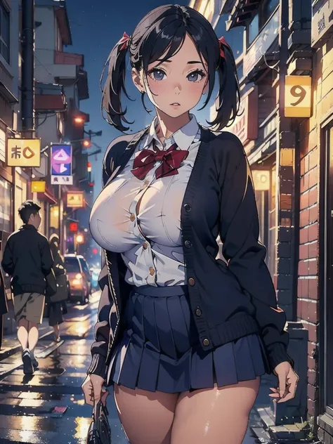 (8k, RAW Photos, Highest quality, masterpiece: 1.2), (Realistic: 1.3)、(solo:1.2)、I am wearing a cardigan over a sweater.、Open cardigan、Navy blue mini skirt、Big Breasts, (Women:1.6)、Showing off her huge curves、Black hair pigtails