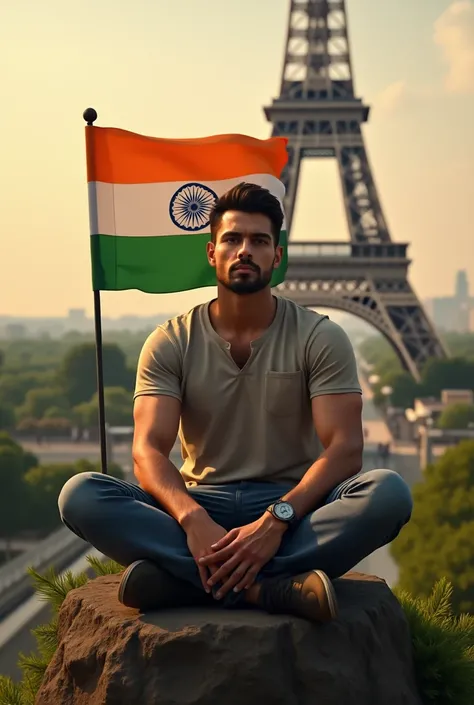 (photorealism:1.2), handsome man , sitting on eiffel tower soft lighting, plants in background, relaxed pose, realistic, intricate details, warm colors,holding indian tricolour in hands