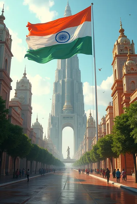 India as a developed nation 2047 with a big Indian flag inside a new unique modern Puri Temple city having temple like tall buildings