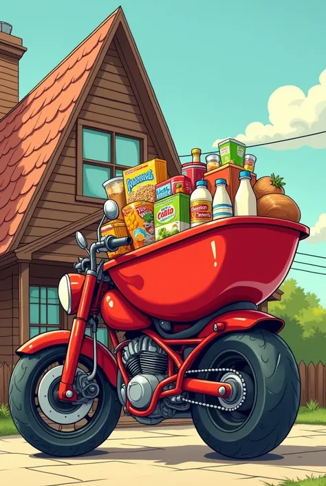 Big red cargo motorcycle with driver, with a large red basin with drinks, cereals, bottled milk, bean bag, packaged bread, excluding vegetables, behind the triangular roof of a hand-drawn cartoon style house