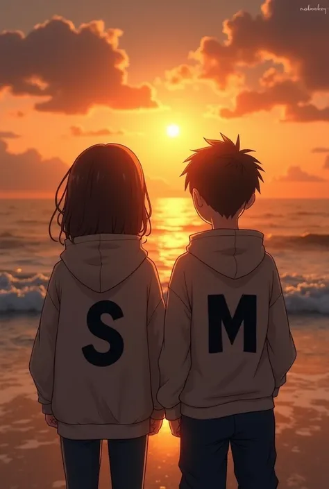 Girl with letter S on her hoodie standing next to a boy with the letter M on his hoodie,staring at a sunset on the beach