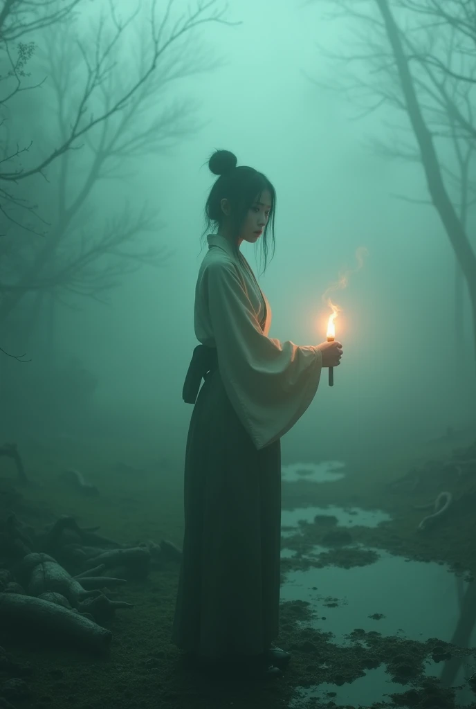 (RAW photo, realistic photo, high quality, masterpiece), Japanese beautiful woman stand in the heavy fog, the view is confused, she is holding a torch, dangerous atmosphere, skeletons on the ground, green corrosive fluids on ground and body, (her body outl...