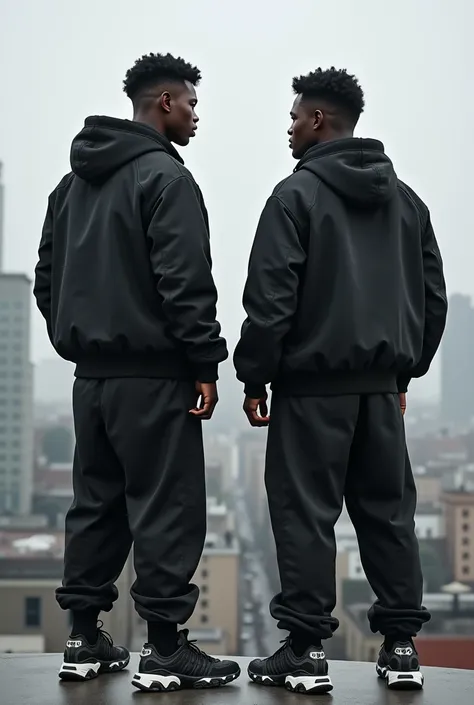 Two rival black brothers, 18 years old, in bomber jackets, black Dior jogging suits, and a pair of Air Max TNs on their feet, on top of buildings, dressed in black, photos taken from behind them.
