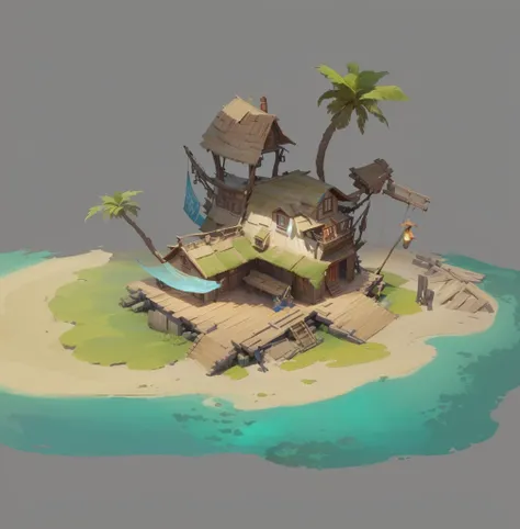 alafid island with a wooden bridge and a small house, 3d rendering style, stylized concept art, game concept art, concept art is...