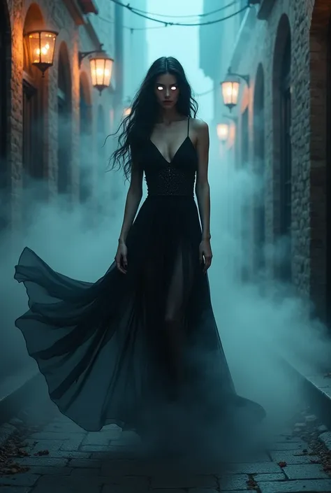 a picture of mist covered female vampire, ((you see only glimpses of her body:: 1.5)) a pair of ((glowing eyes: 1.3)) through the mist, high heels, black high heels, glamour dress, dynamic color dress, fantasy dark alley background, torchlight, (best detai...