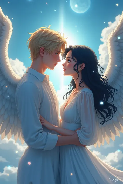 Girl with black long hair, with blue eyes she dies, she grows angel wings, she meets her lover, a blonde guy with brown eyes and angel wings, anime art, masterpiece