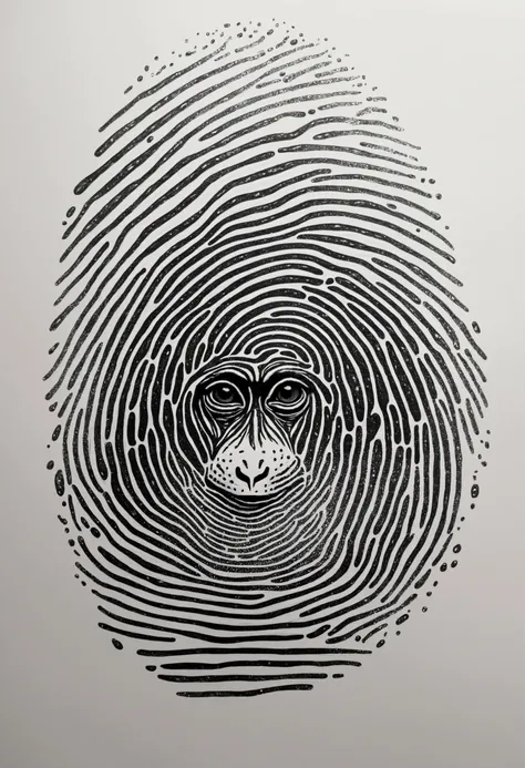 Monkey with little horns in art style of a fingerprint, like a black paint in water effect, black line, non-realistic, black on white