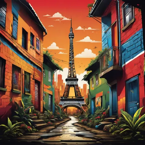 vector t-shirt art, centered, t-shir design, eifell tower in the middle of a favela, brazil, afrofuturism, plants, eifell tower ...