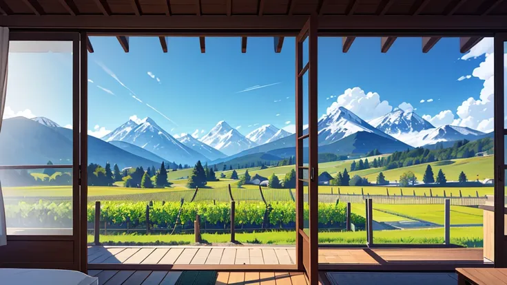 Create a central perspective landscape of a vineyard where you can see the trees and mountains