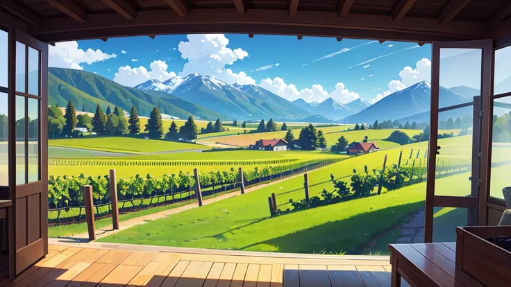 Create a central perspective landscape of a vineyard where you can see the trees and mountains