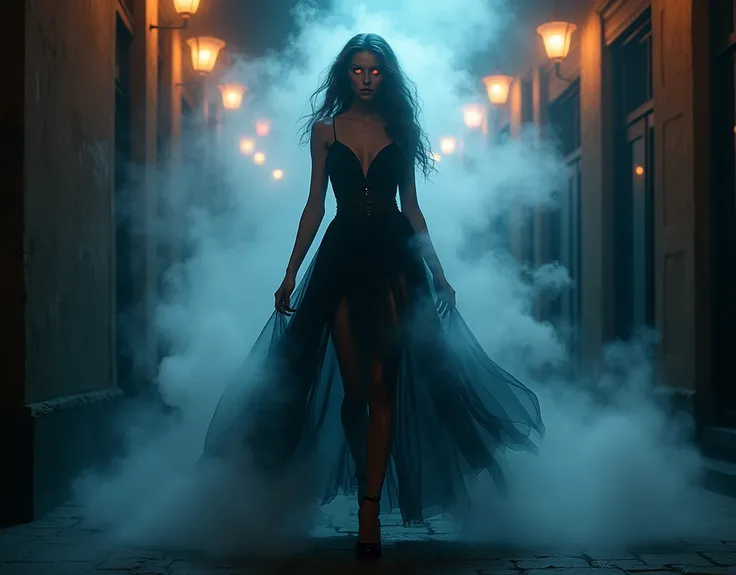 a picture of ((mist:)) covered female vampire, ((you see only glimpses of her body: 1.6)) pair of ((glowing eyes: 1.3)) through the mist, high heels, black high heels, glamour dress, dynamic color dress, fantasy dark alley background, torchlight, (best det...