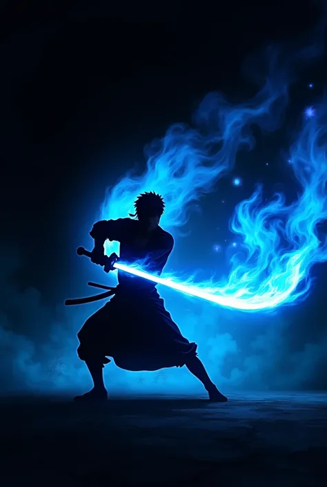 ((Best Quality)), ((masterpiece)), ((detailed)), ((High Definition)), an aura of sword slashes in anime style, all blue color, with the black silhouette of a simple person in the center, dynamic movement, fighting pose, flaming sword sweep. With a black ba...