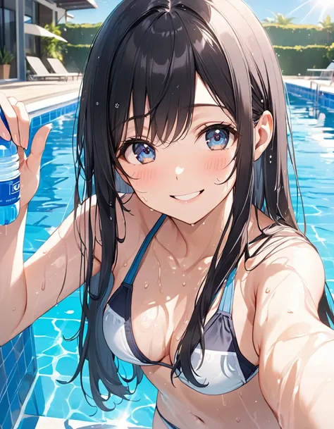 Girl, cute, adorable, from chest to head, smiling, straight hair, long hair, black hair, clear weather, standing, sweat, sunlight, looking at the camera, looking up at us, pool, daytime, wet, bikini, extending her right hand holding a water bottle towards ...