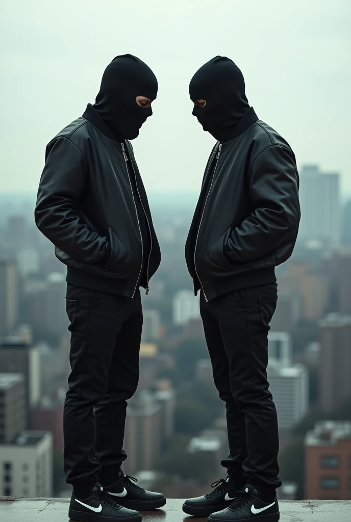 Two rival black brothers, 18 years old, faces masked with shooter masks, wearing a full Dior bomber jacket and a pair of Air Force 1s on their feet, on top of buildings dressed in black, photos taken from behind them.
