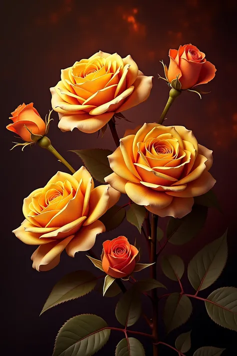 right yellow roses against the background of the fiery glow of the phoenix aura composition with flowers and thorns