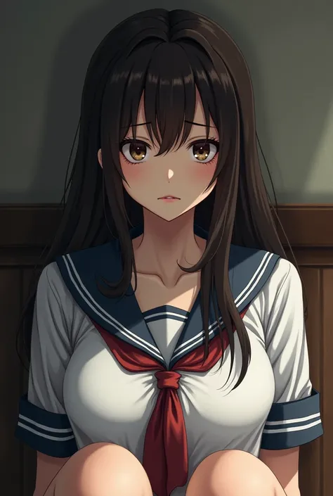 One person, (Sagging under the eyes:1.5), Dark Brown Hair, Long Hair, White shirt, The chest is large, valley,  Japanese women, Sailor suit, M-shaped legs