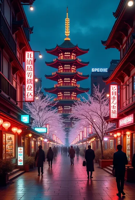 pagoda asian chinese japanese style epic in scale inside the streets surrounded by busy shops  with neon signage , camera first person wide in scale inside the city with cherry blossom, night festive, street cross walk, cyberpunk modern